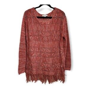 Fringe Sweater Loose Knit Rust Orange & Tan Size XL